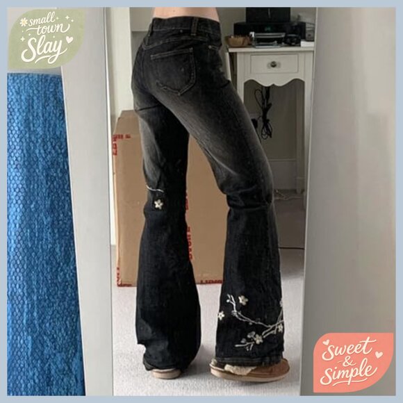 Stretchy Flare Jeans Mid Rise Embroidery Vintage Denim Pants Y2K - Picture 5 of 7